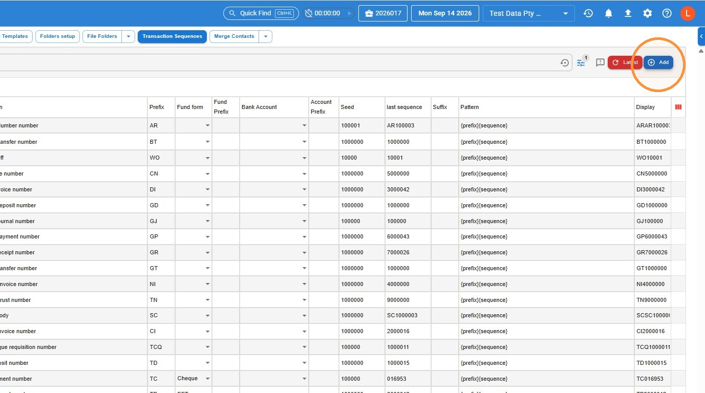 Transaction Sequences screen in Law App with the Add button circled