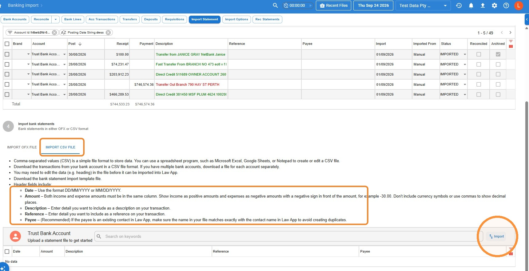 Law App Import Statement screen with the Import CSV File tab selected, the header field guidance boxed, and the Import button circled