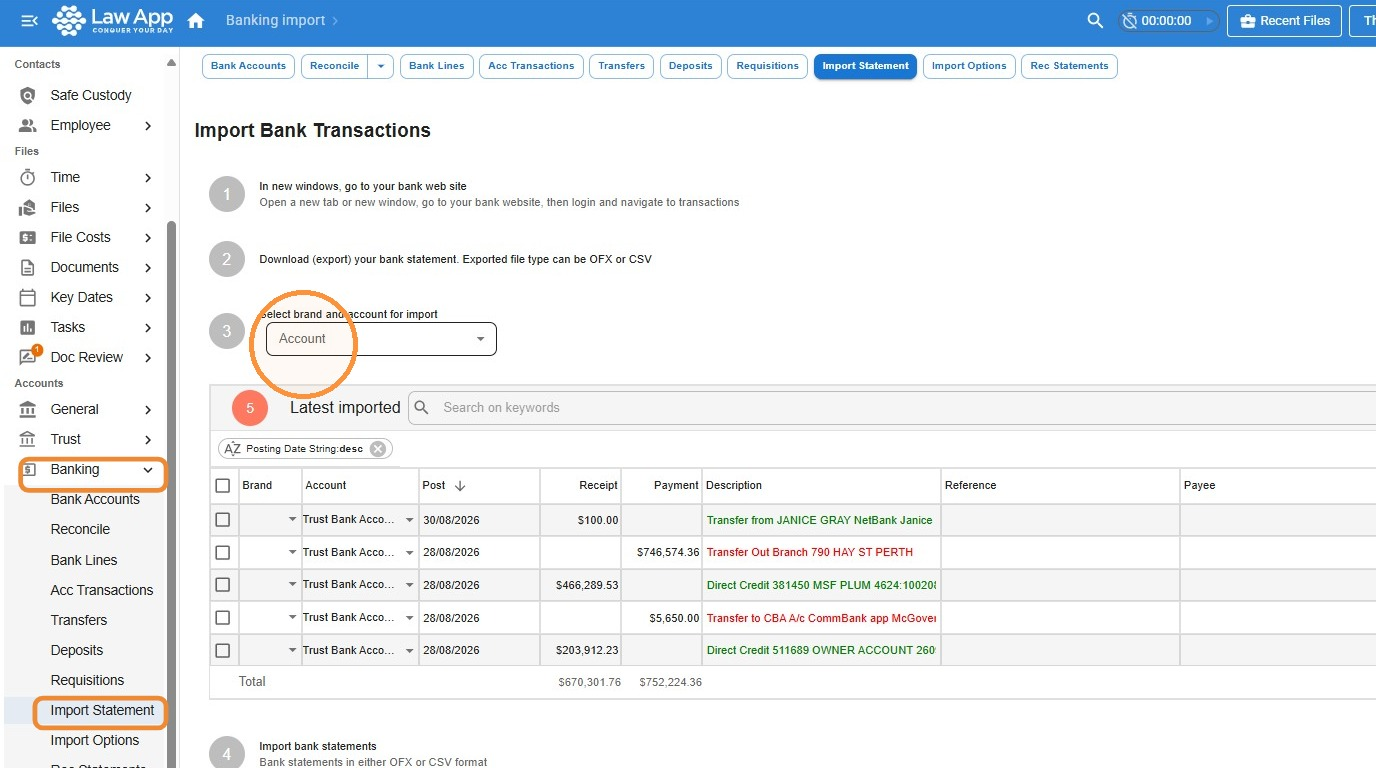 Import Bank Transactions screen in Law App, with Banking and Import Statement highlighted in the left-hand menu and the account selection dropdown circled at step 3