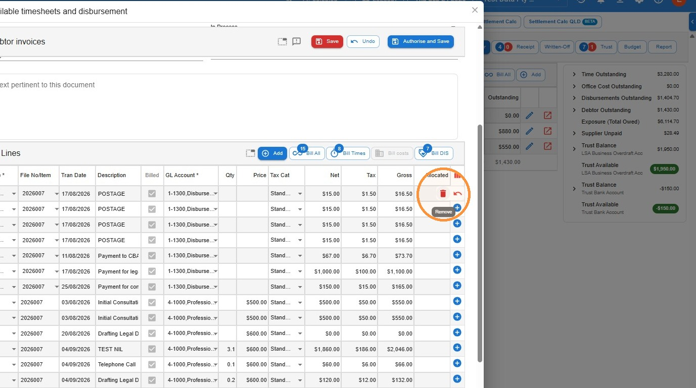Bill All invoice lines in Law App with the Remove bin icon circled at the end of a disbursement line