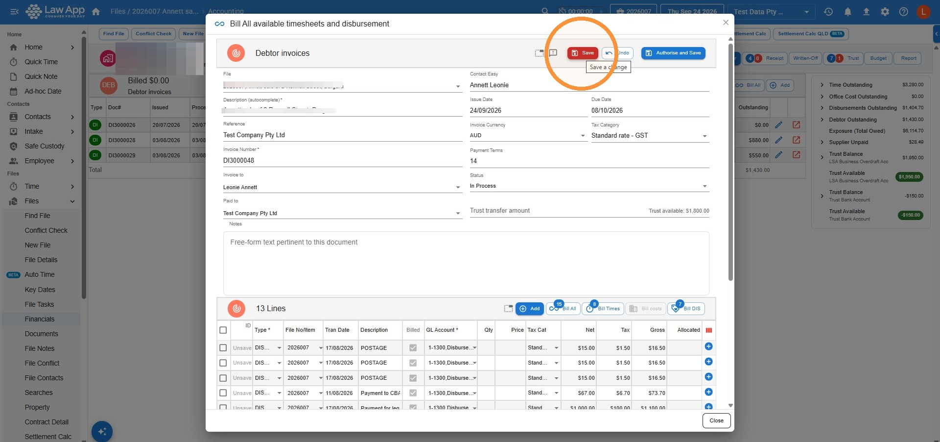 Bill All available timesheets and disbursement window in Law App with the Save button circled next to Undo and Authorise and Save