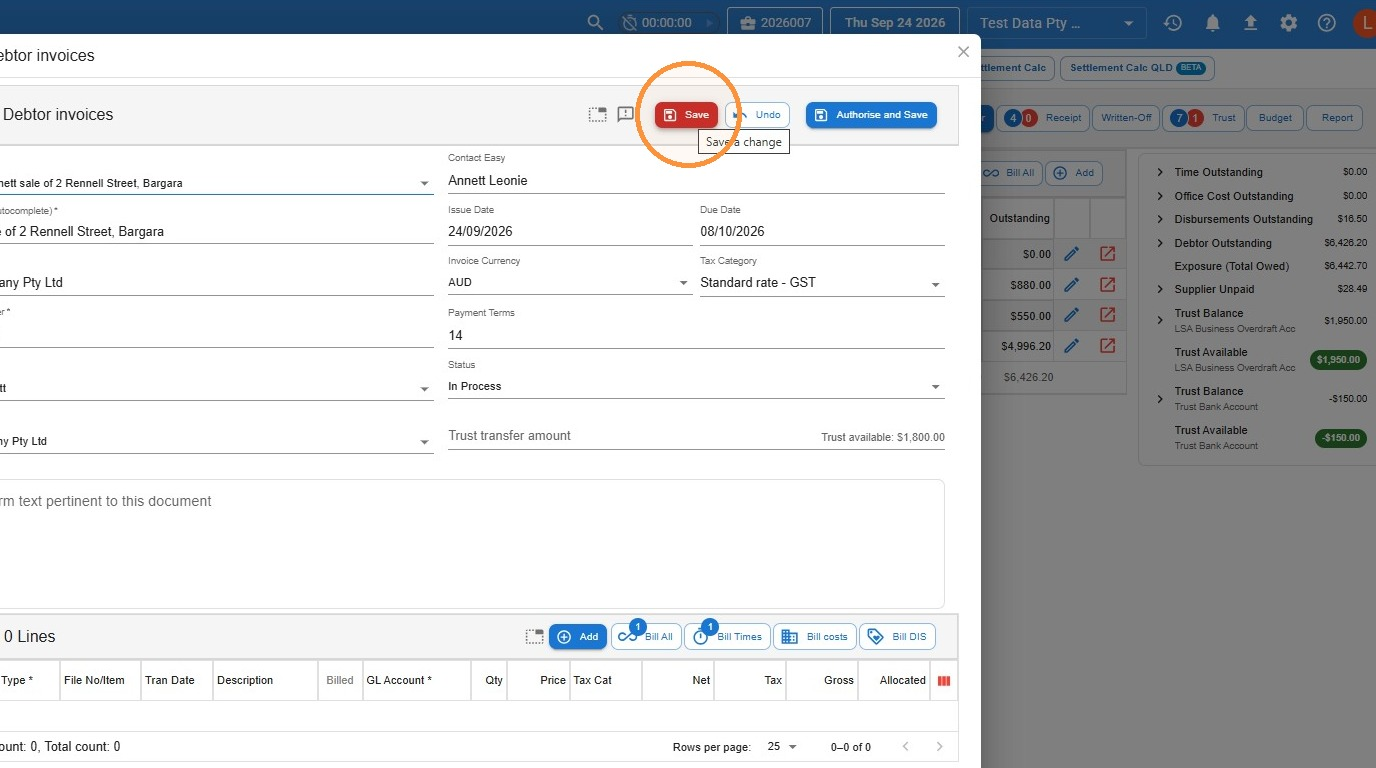 New debtor invoice window in Law App with 0 lines, the Save button circled, and the Bill All, Bill Times, Bill costs and Bill DIS buttons above the empty lines table