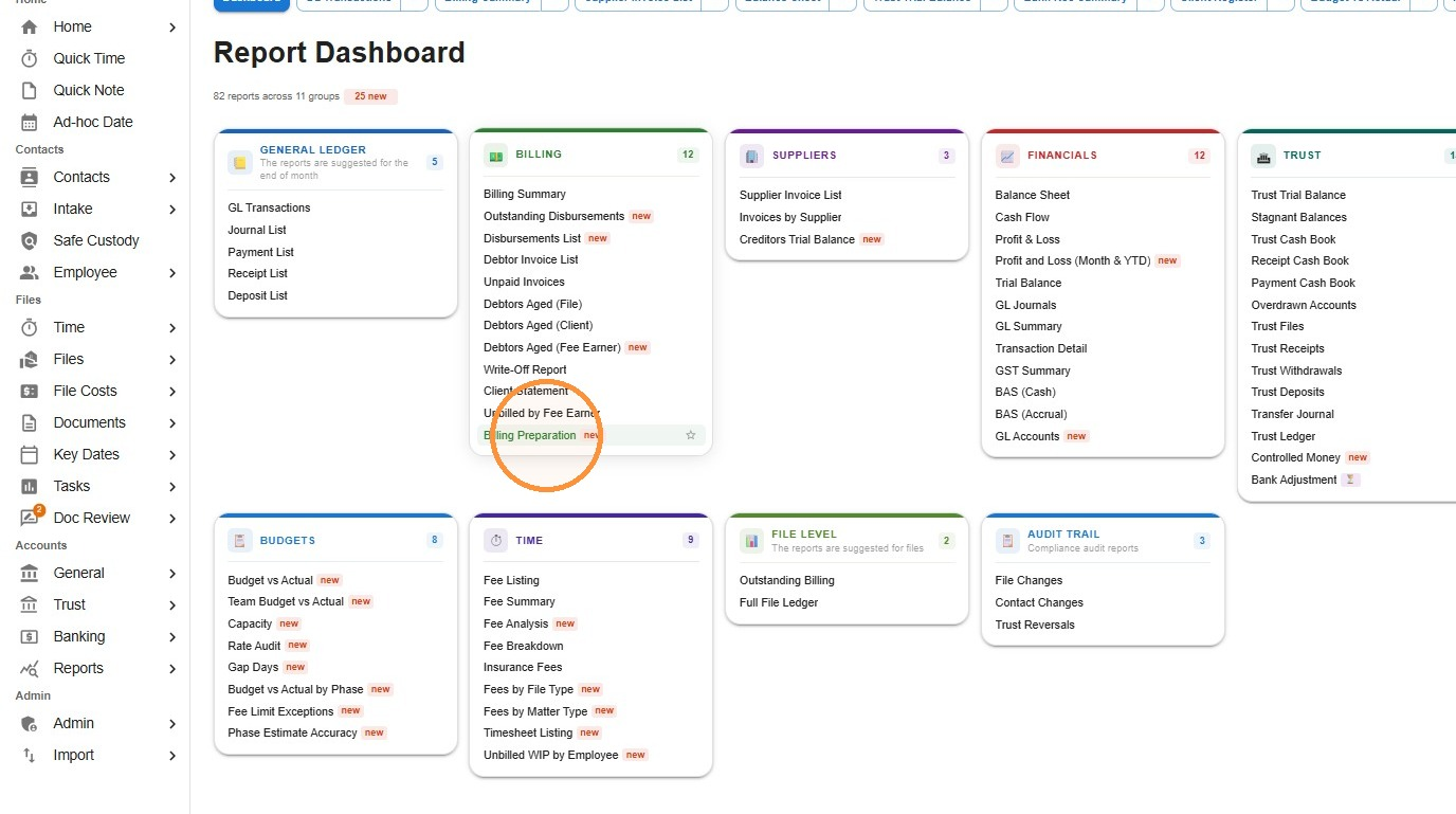 Report Dashboard in Law App with Billing Preparation circled under the Billing group of reports