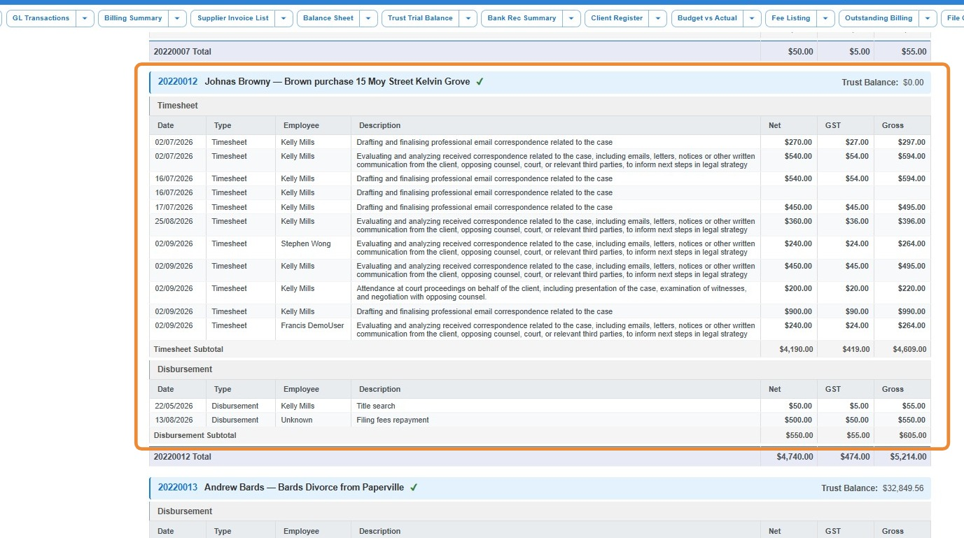 Billing Preparation report in Details view, showing the Timesheet and Disbursement line items circled for an individual file