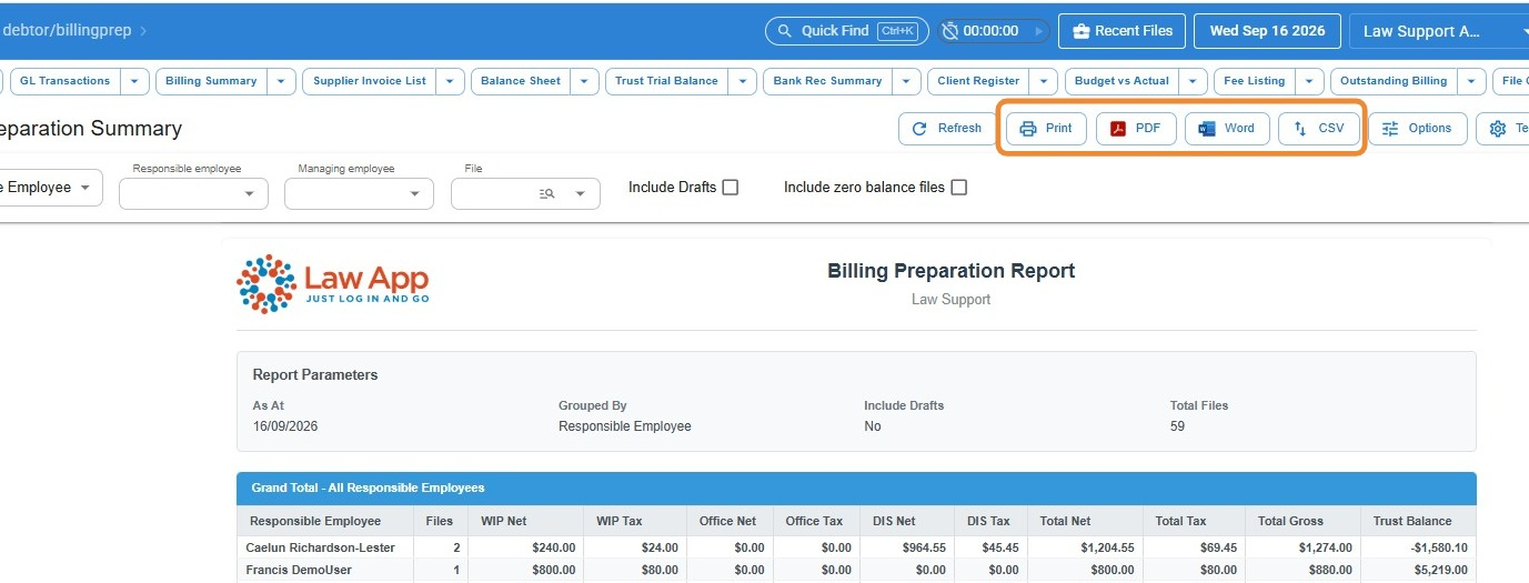 Billing Preparation report toolbar with the Print, PDF, Word and CSV buttons circled