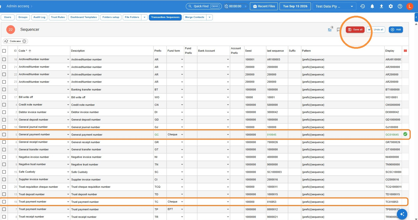 Transaction Sequencer screen in Admin settings with both the General payment number row and the Trust payment number row (each set to the Cheque fund form) circled, and the Save all button circled