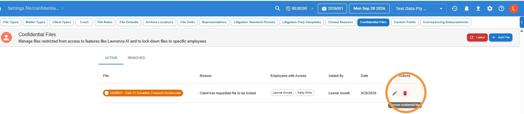 Active tab of the Confidential Files screen in Law App listing a confidential file, with the Remove confidential flag icon circled in the Actions column