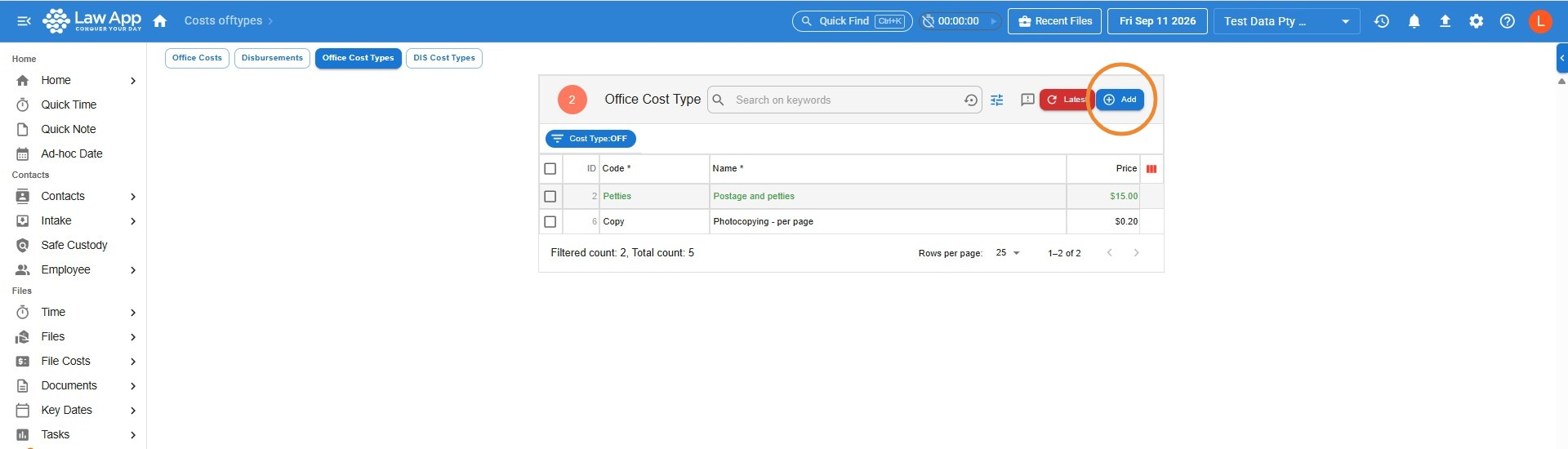 Office Cost Type list in Law App, with the Add button circled at the top right
