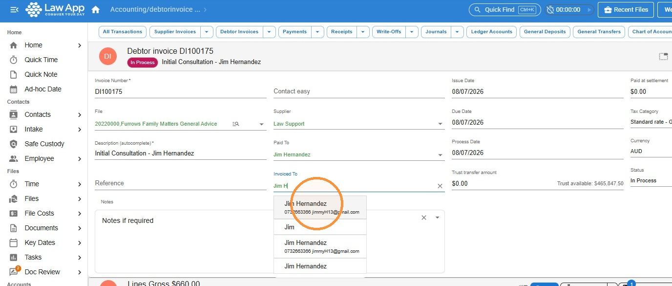 Debtor invoice with the billing contact being selected in the Invoiced To field