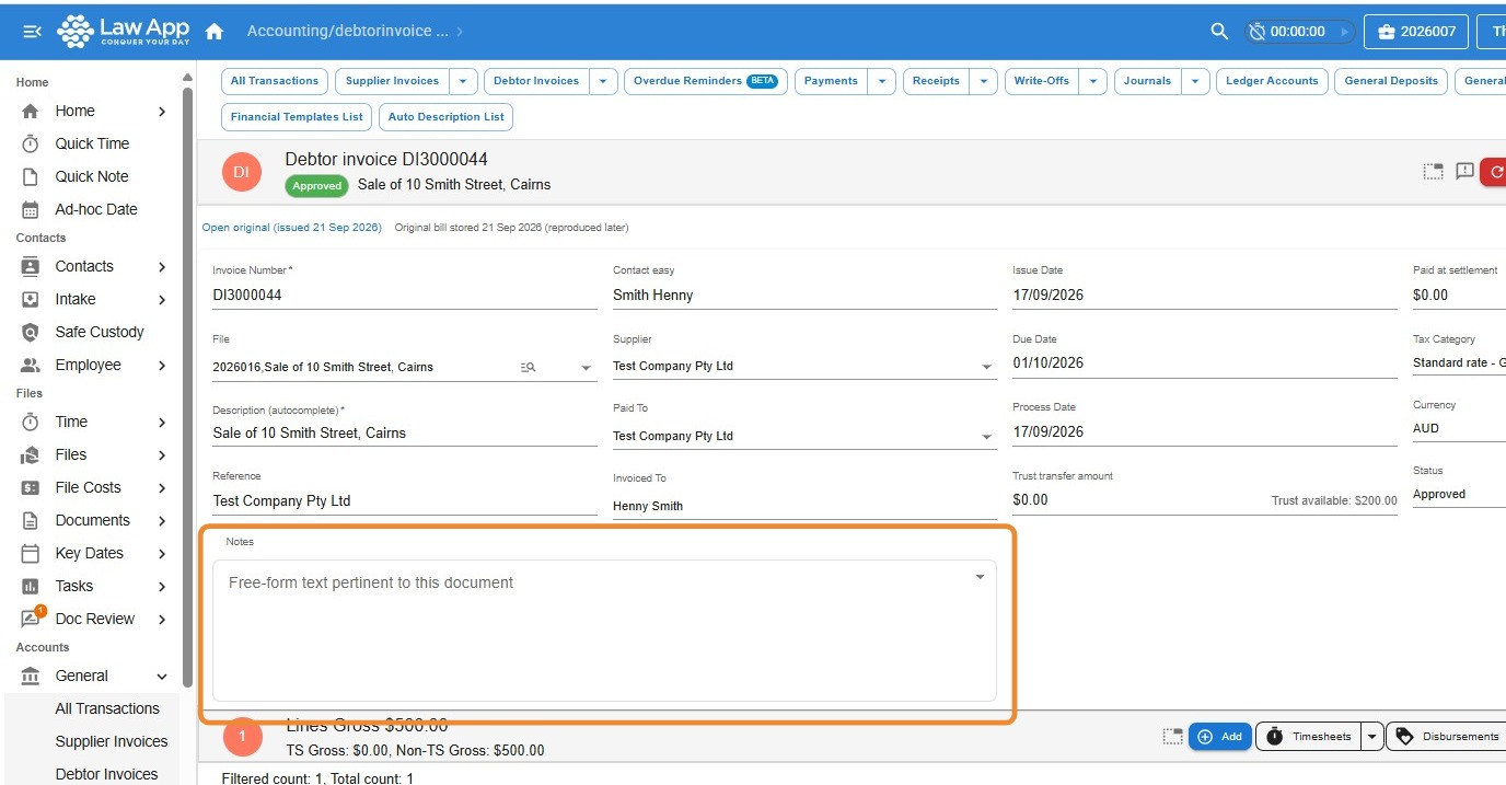 Debtor invoice screen in Law App with the Notes field highlighted