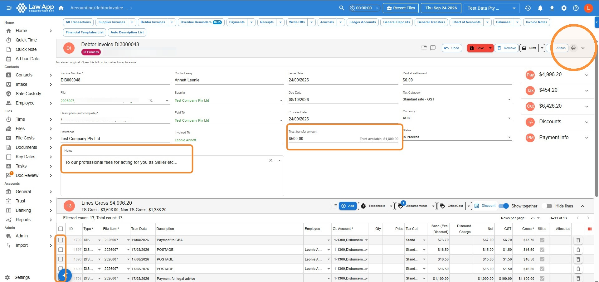 Debtor invoice screen in Law App with the Notes field, Trust transfer amount field, row checkboxes and Print icon highlighted