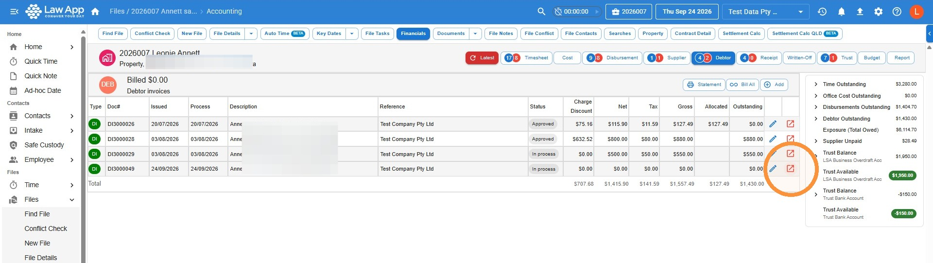 Debtor invoices list in Law App with the edit and Open in new icons circled on a new invoice with a zero balance