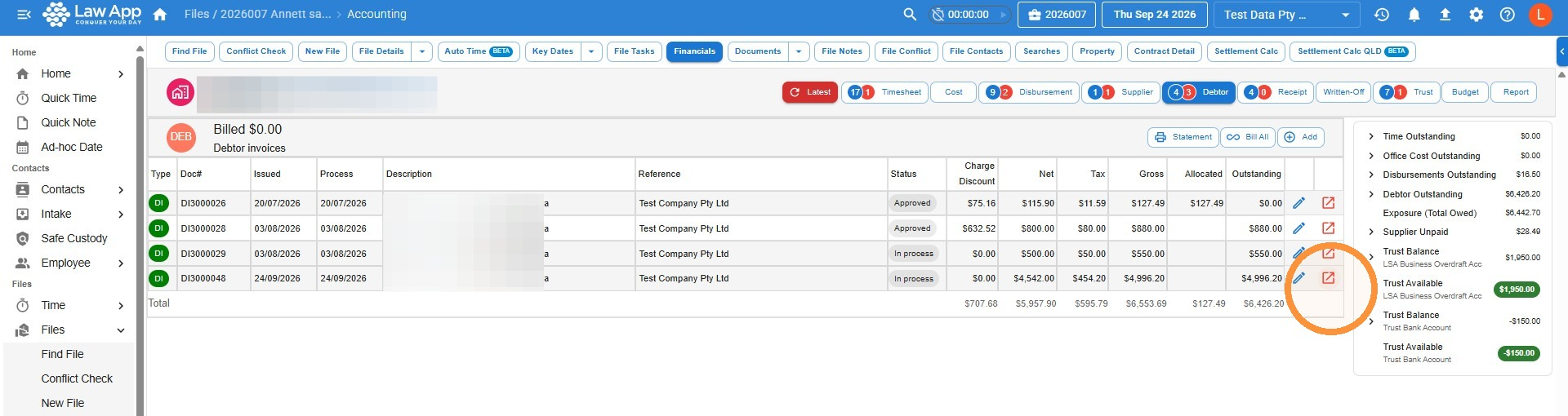 Debtor invoices list on a file in Law App with the edit and Open in new icons circled on the newly created invoice