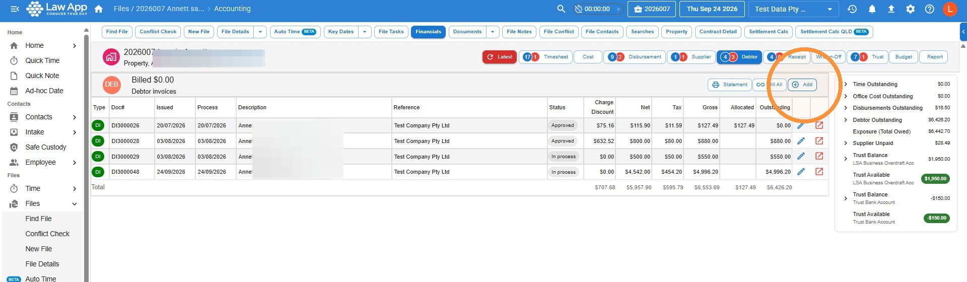 Debtor tab on a file's Financials screen in Law App with the Add button circled next to Bill All