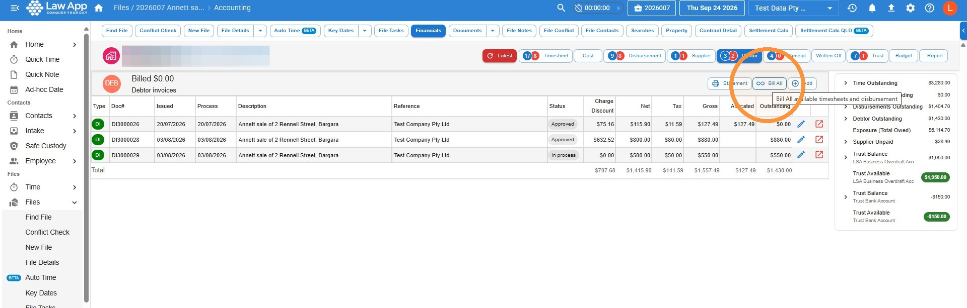 Debtor tab on a file's Financials screen in Law App with the Bill All button circled and its tooltip, Bill All available timesheets and disbursement
