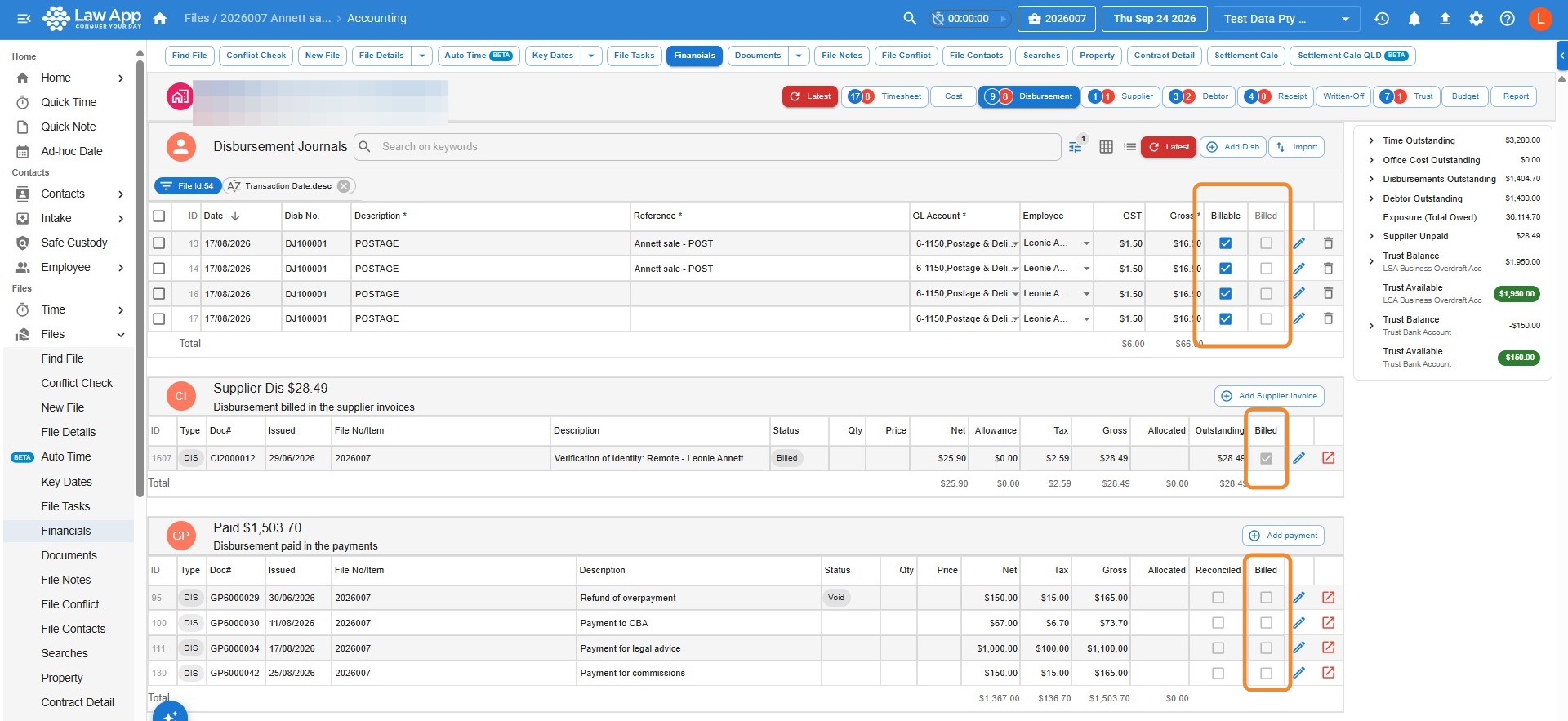 Disbursement tab on a file's Financials screen in Law App, with the Billable and Billed columns highlighted for disbursement journals, supplier disbursements and paid disbursements