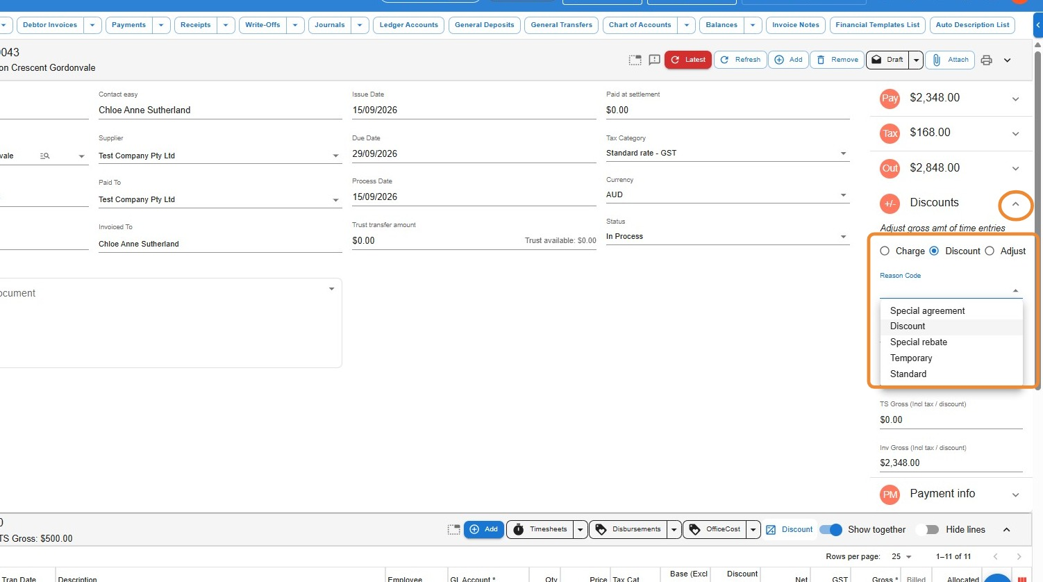Debtor invoice in Law App with the Discounts section expanded, showing the Charge, Discount and Adjust options and the Reason Code dropdown