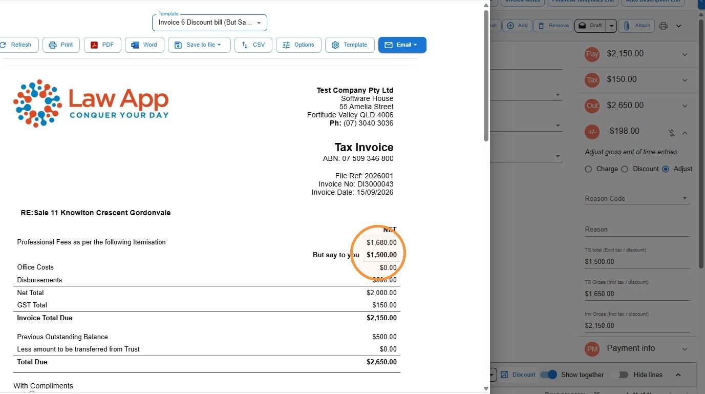 But Say tax invoice preview in Law App with the original Professional Fees amount and the reduced But Say amount circled
