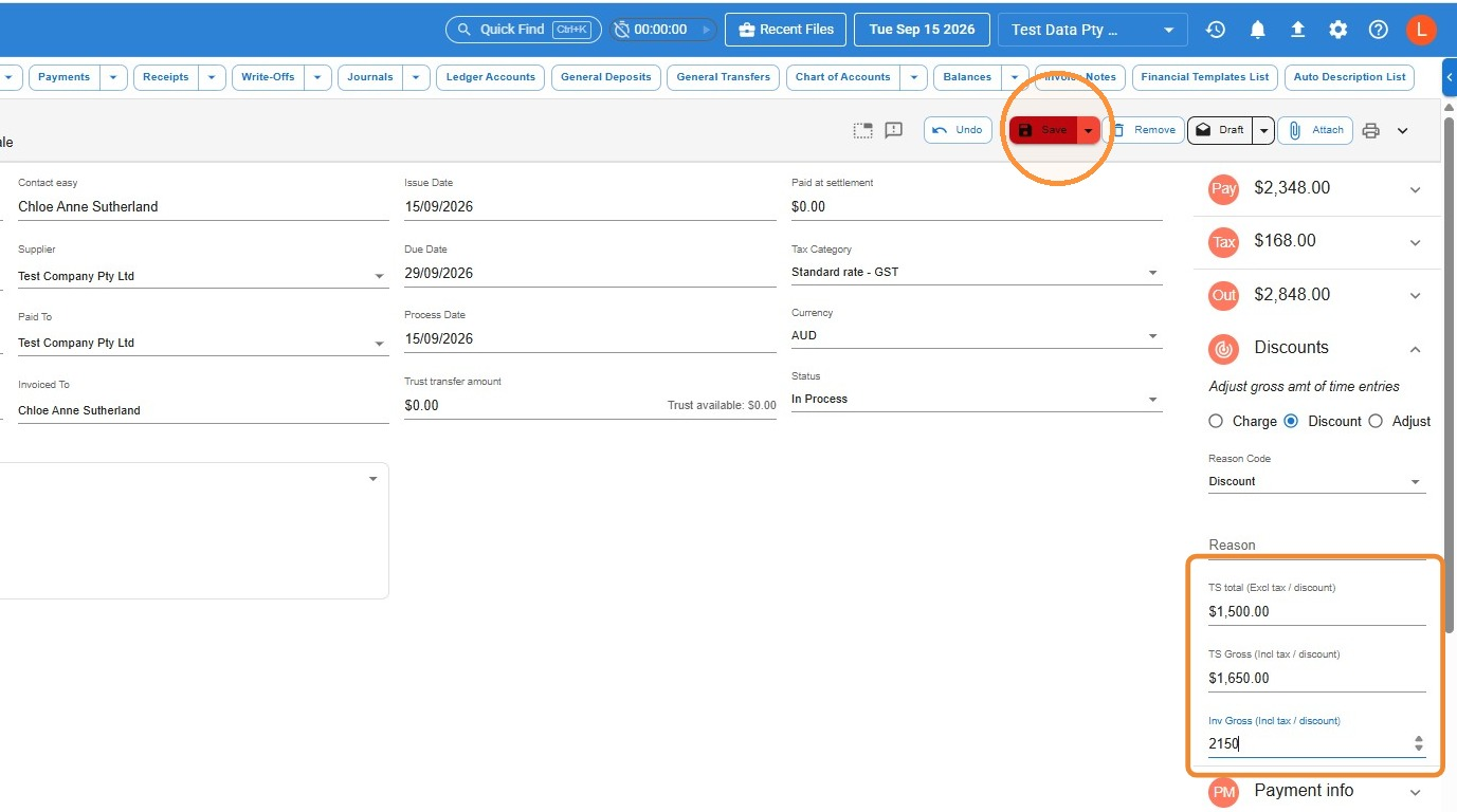 Discounts section of a debtor invoice with the Timesheet Total, Timesheet Gross and Invoice Gross Balance amount fields circled