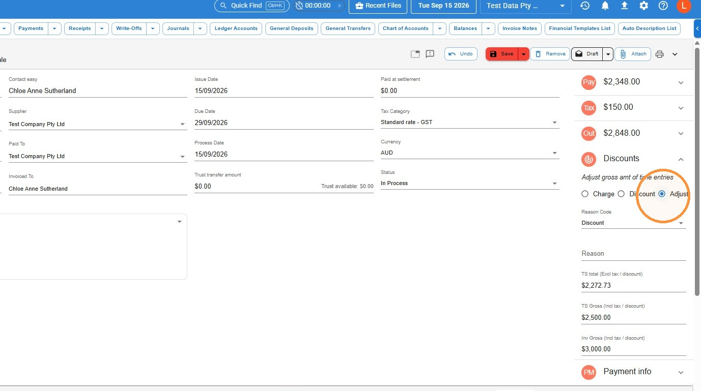 Discounts section of a debtor invoice with the Adjust option circled alongside Charge and Discount