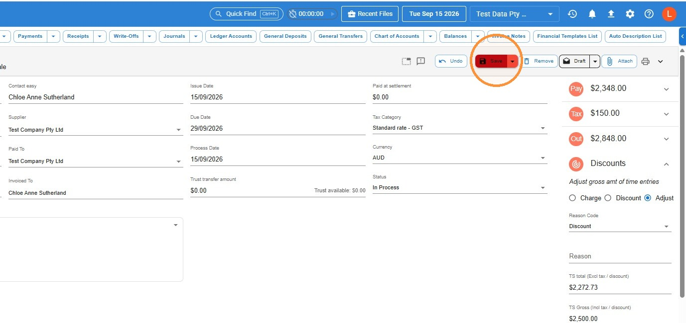 Debtor invoice toolbar in Law App with the Save button circled
