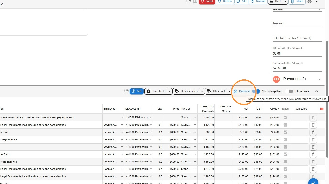 Debtor invoice line items toolbar in Law App with the Discount button circled