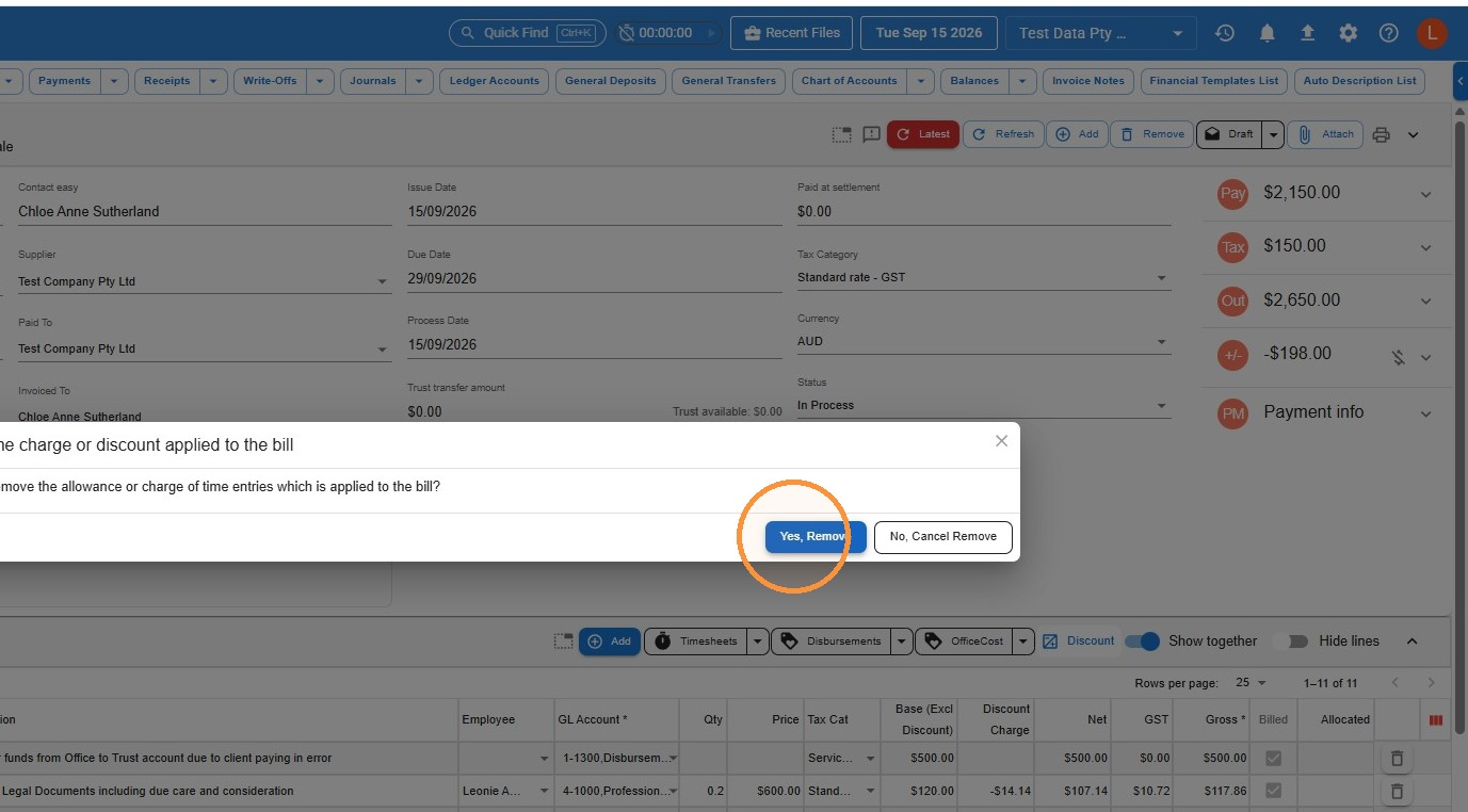 Confirmation dialog asking whether to remove the charge or discount applied to the bill, with the Yes, Remove button circled