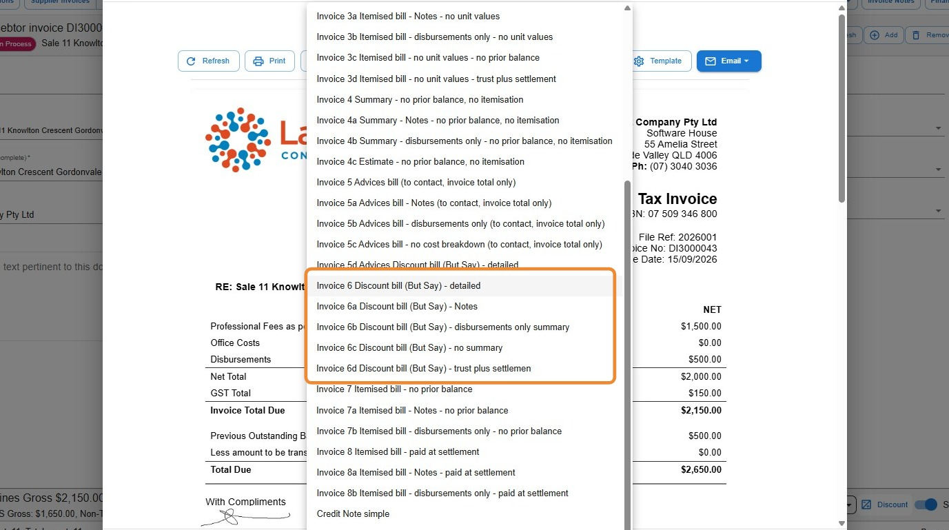 Invoice template dropdown in Law App with the 6 series of But Say templates highlighted