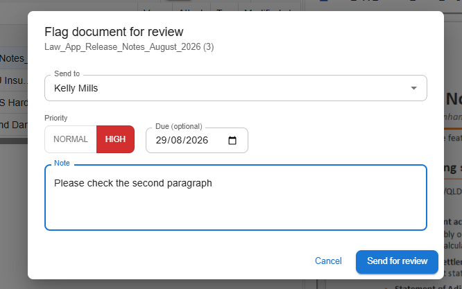 Flag document for review dialog, with Send to set to Kelly Mills, Priority set to High, a due date, and a note in the Note field, Send for review button in the bottom right