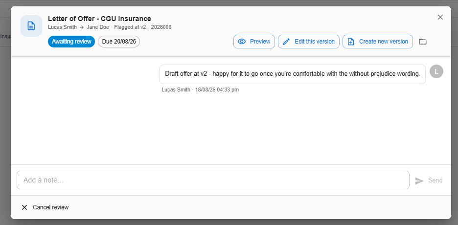 A review panel for a document sent for review, showing the Cancel review link at the bottom left — available to the person who flagged it, while Start review and Complete review remain with the reviewer