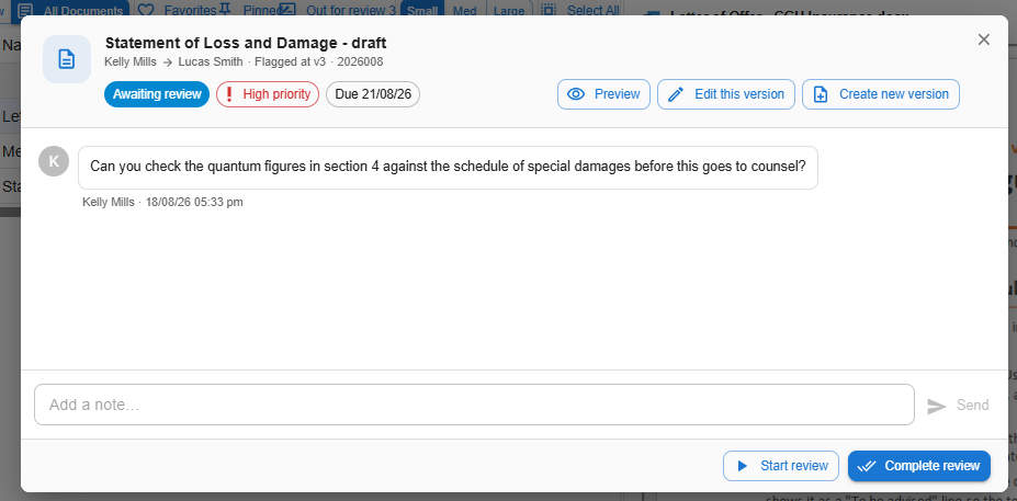 Review panel for a document awaiting review, showing who flagged it, the version, the due date, the note thread, and the Start review and Complete review buttons