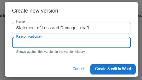 Create new version dialog with the document's name pre-filled and an optional Reason field, Create and edit in Word button in the bottom right