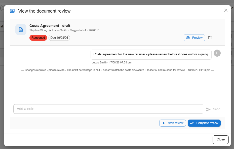 A reopened review showing the Reopened status pill and the completion note in the thread — Changes required — please revise, with a comment about what to fix — sitting alongside the original request
