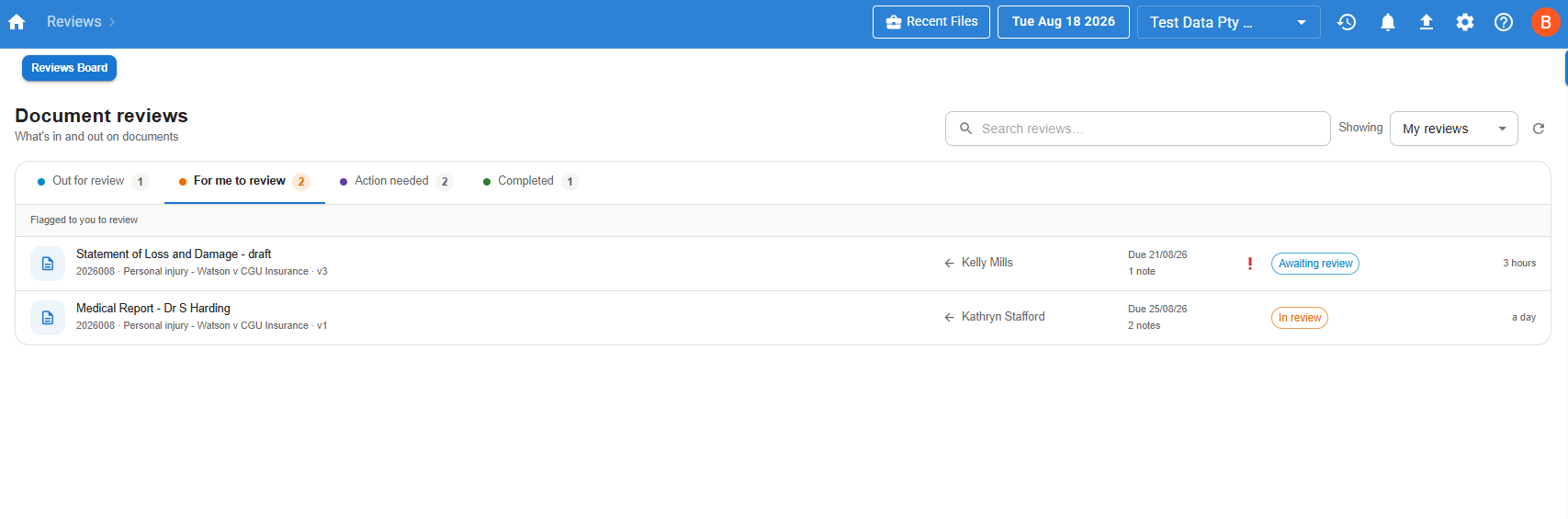 Reviews board on the For me to review tab, listing two documents flagged to the current user with their due dates and status