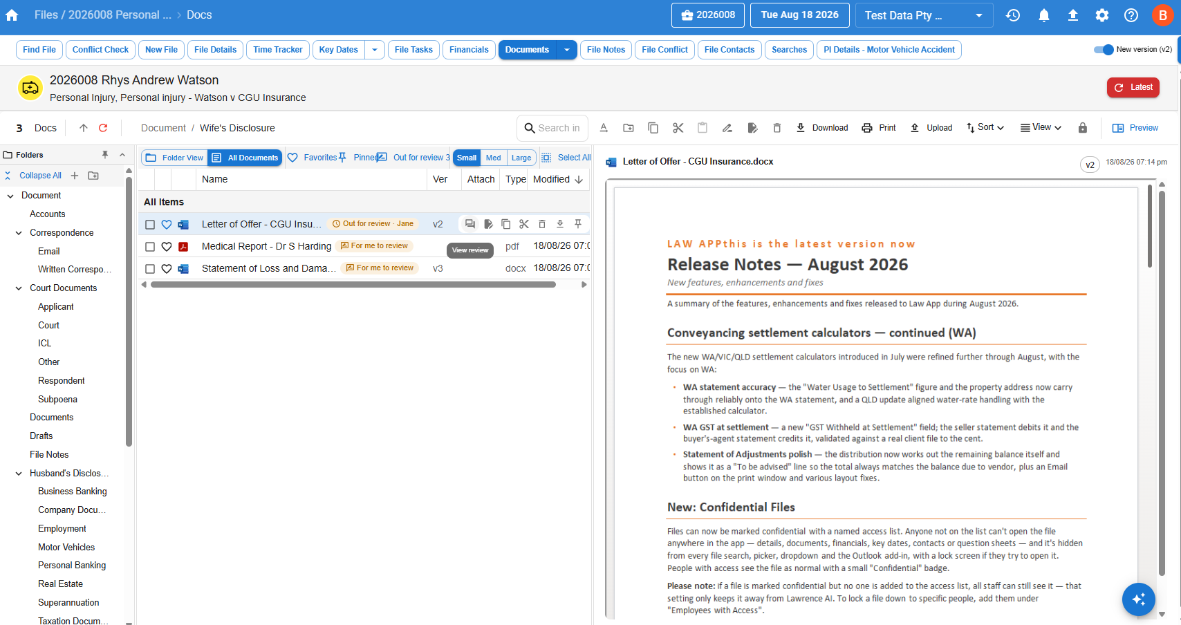A file's Documents tab with For me to review pills on two documents, the Out for review 3 filter button in the toolbar, and a View review hover action