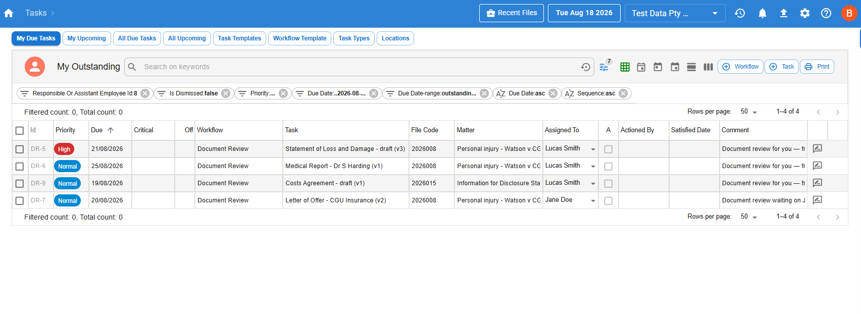 My Due Tasks list with four Document Review rows at the top, showing the file code, matter, assigned employee and a comment for each open review