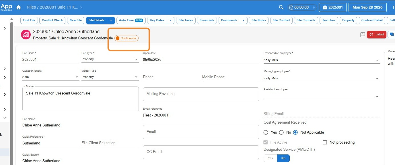 File Details screen in Law App with an orange Confidential badge circled next to the matter description