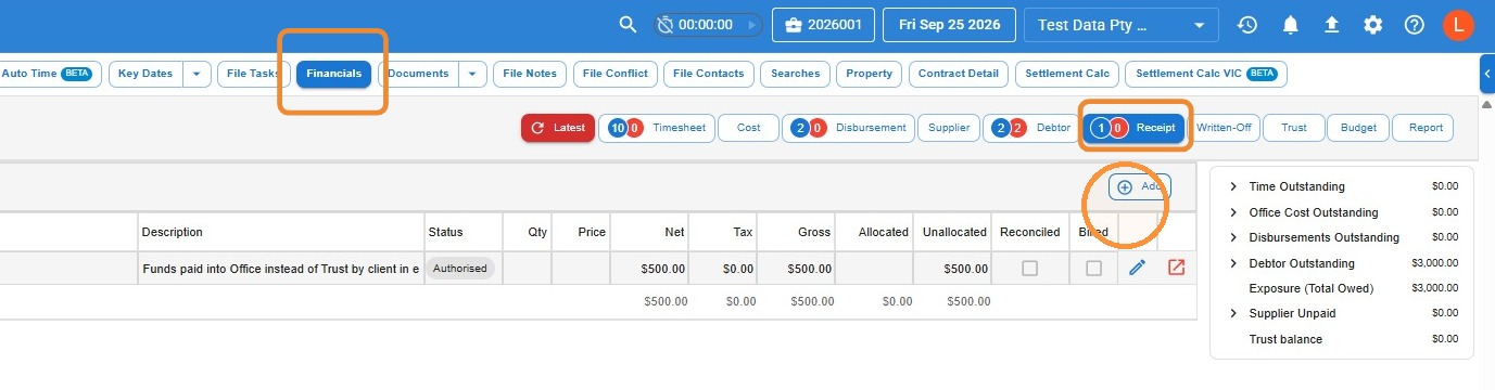Financials screen on a file in Law App with the Financials button, Receipt tab and Add button highlighted