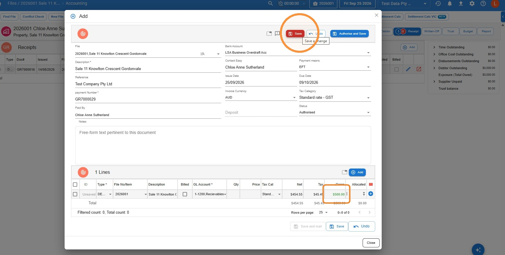 Add receipt window in Law App with 500 dollars entered in the Gross column of a Debtor line and the Save button circled next to Authorise and Save