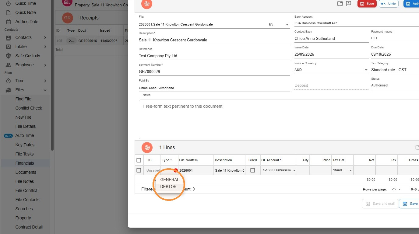 Receipt line in Law App with the Type dropdown open, showing the General and Debtor options