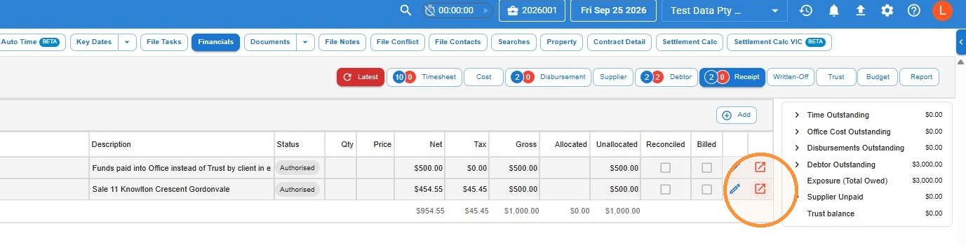 Receipt tab on a file's Financials screen in Law App listing two receipts, with the edit and Open in new icons circled