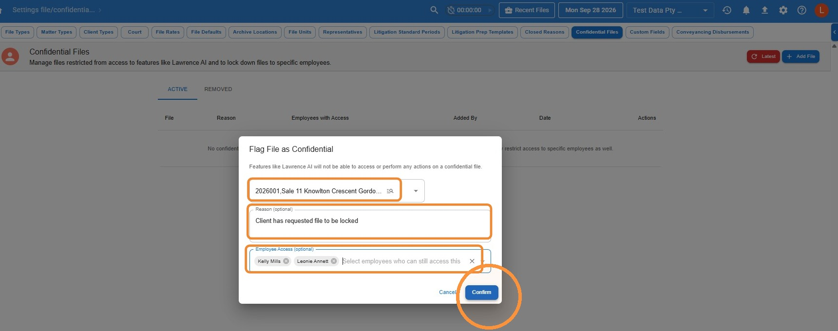 Flag File as Confidential window in Law App with a file selected, a reason entered, two employees added under Employee Access and the Confirm button circled