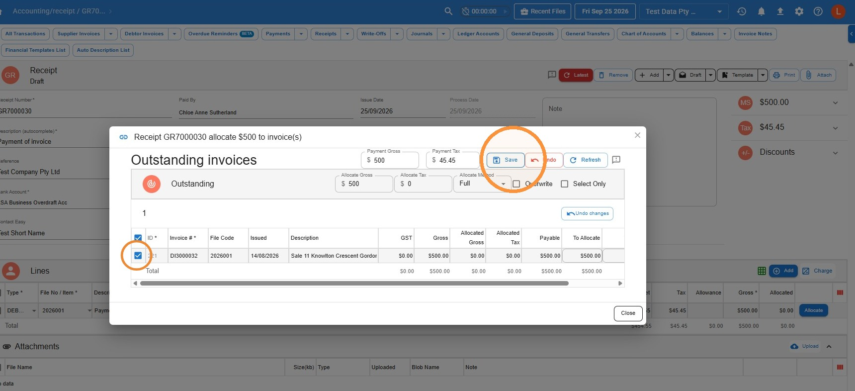 Outstanding invoices window in Law App allocating a 500 dollar draft receipt, with the checkbox on the outstanding invoice and the Save button circled