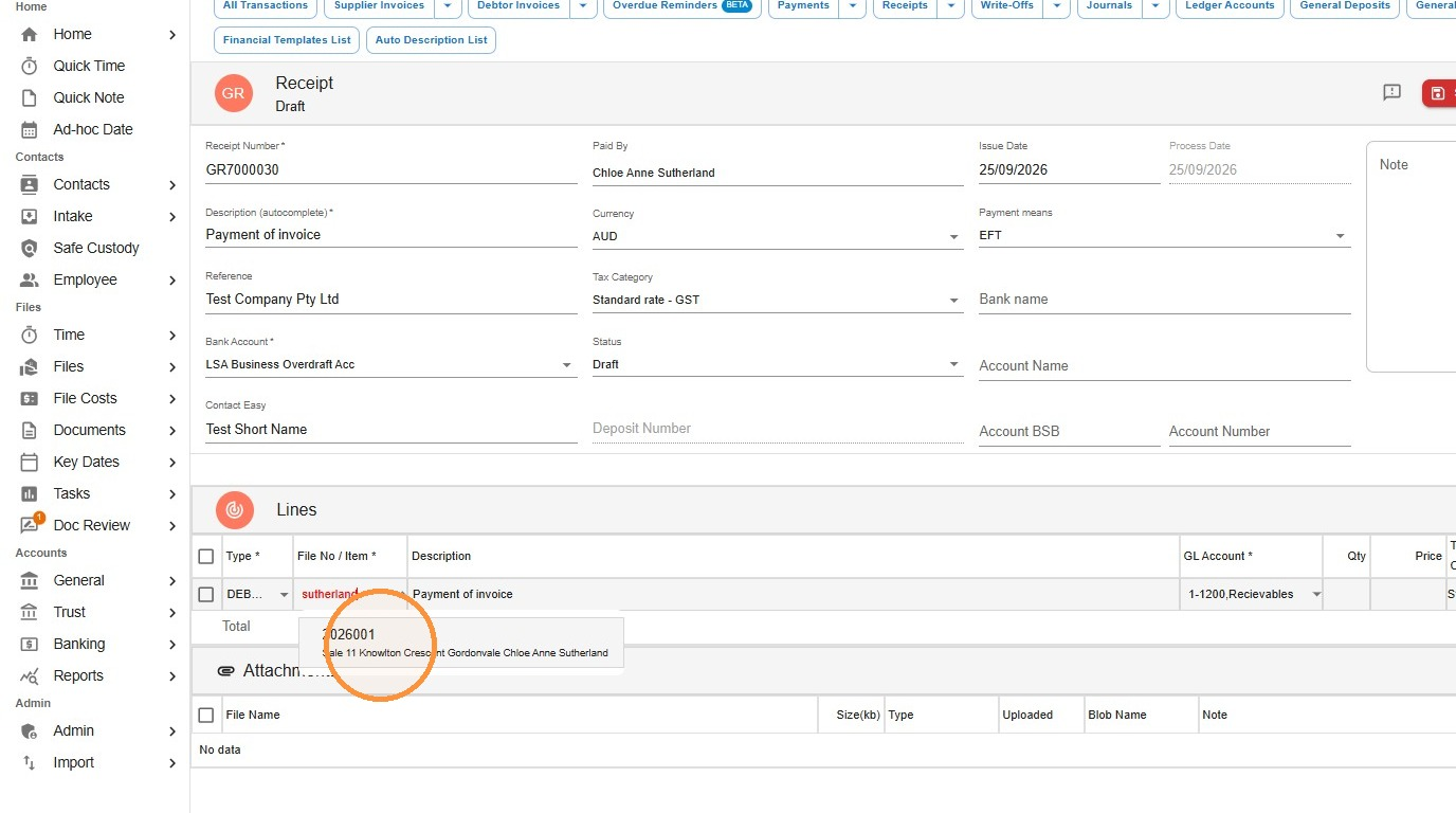 Receipt line in Law App with a client name typed into File No / Item and the matching file shown in the search results