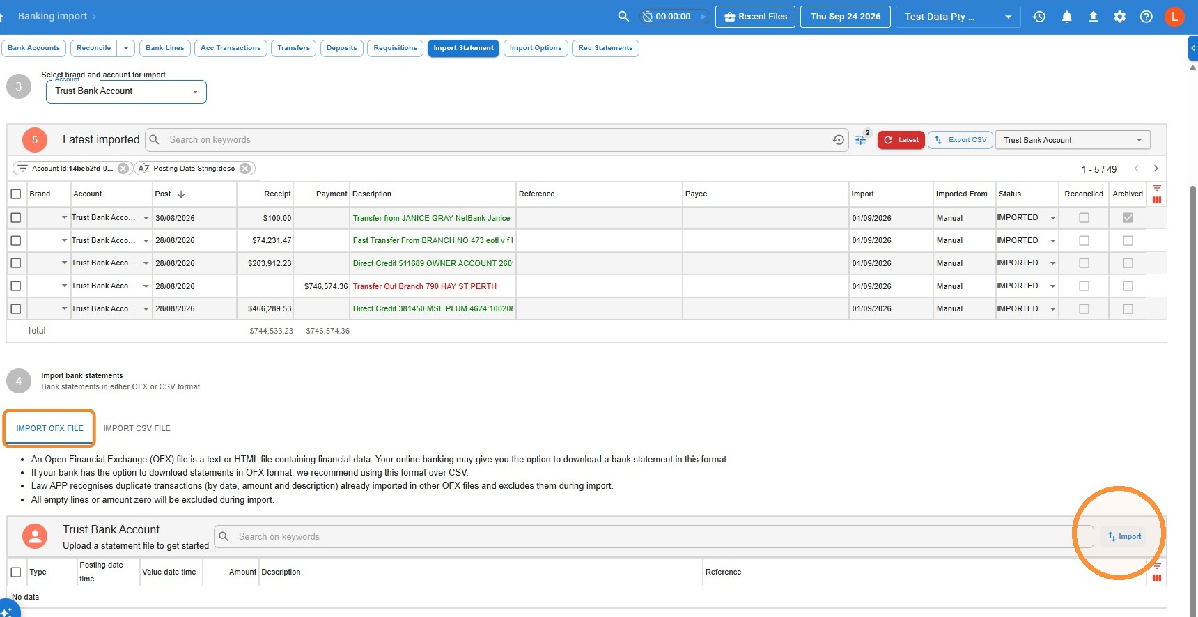 Import OFX File section of the Import Bank Transactions screen in Law App, with the Import button circled above the empty transactions table and the latest imported transactions listed above