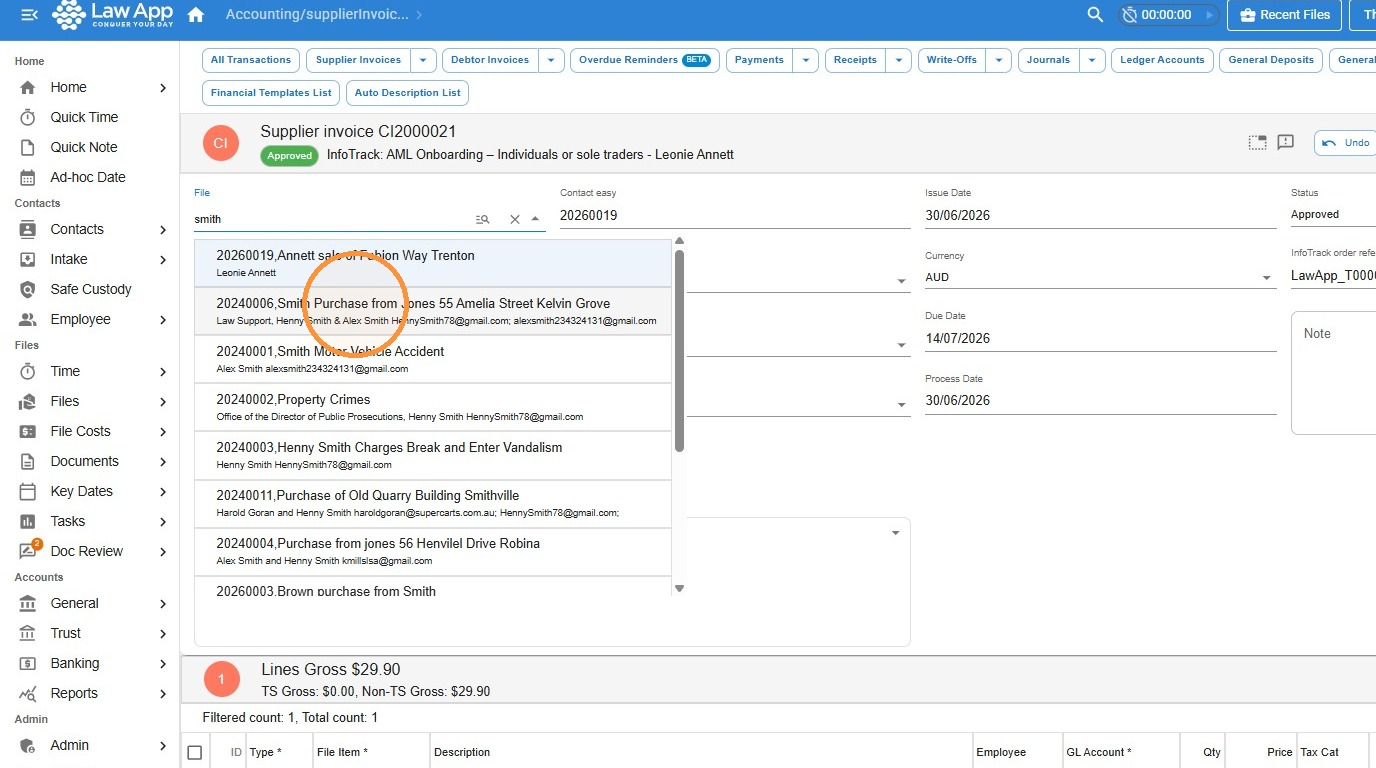 Supplier invoice header with the File field being searched and a dropdown list of matching files showing