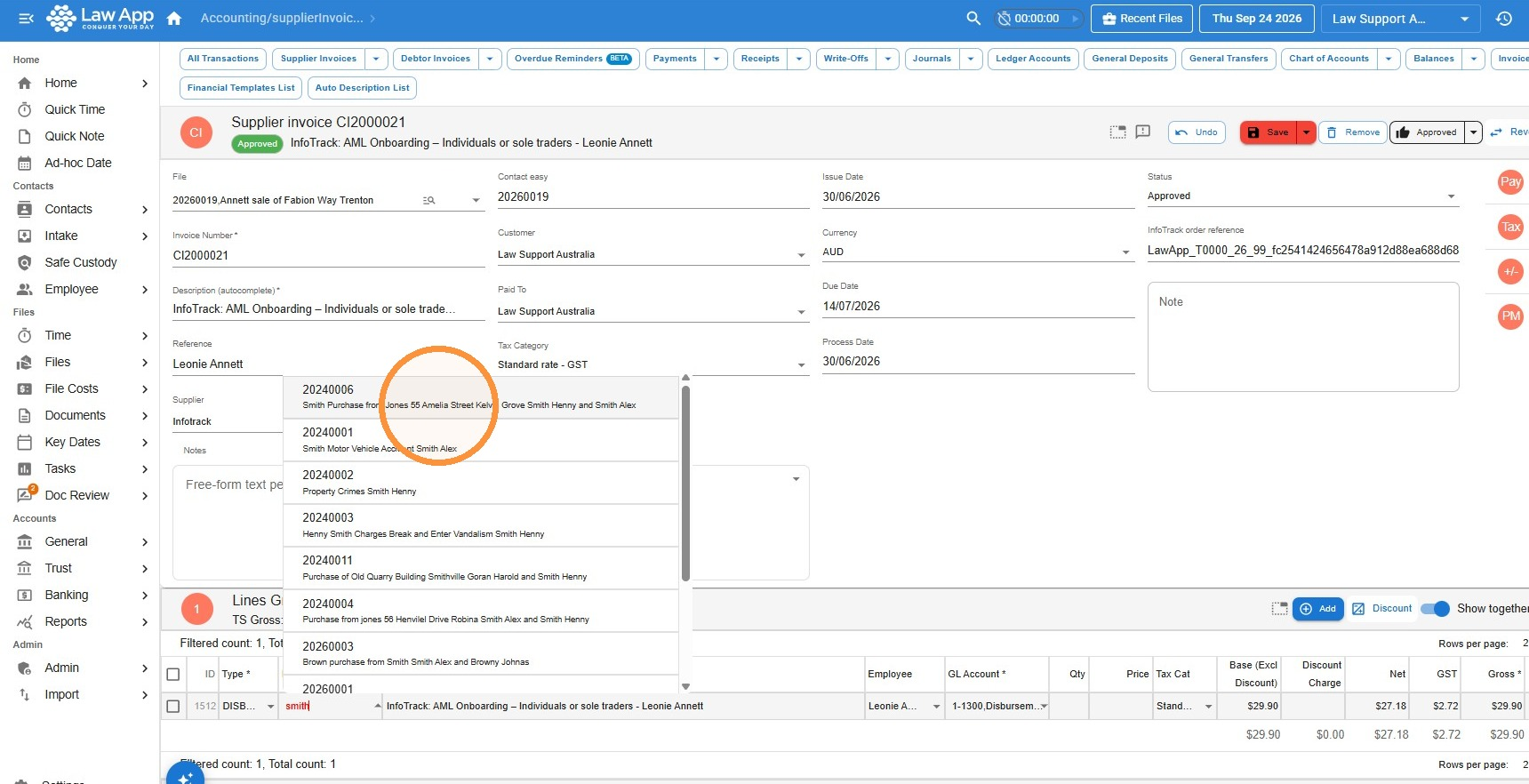 Supplier invoice in Law App with the File Item field on the invoice line being searched and a dropdown list of matching files showing