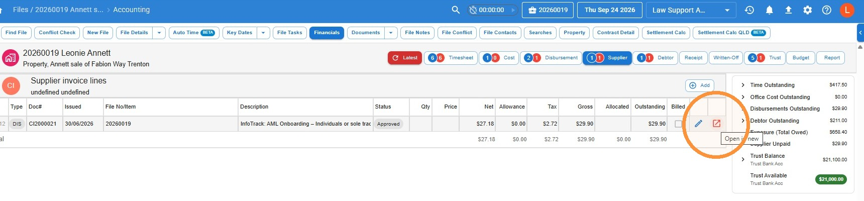 Supplier invoice lines on a file's Financials tab, with the Supplier tab selected and the open icon highlighted on an InfoTrack AML Onboarding charge