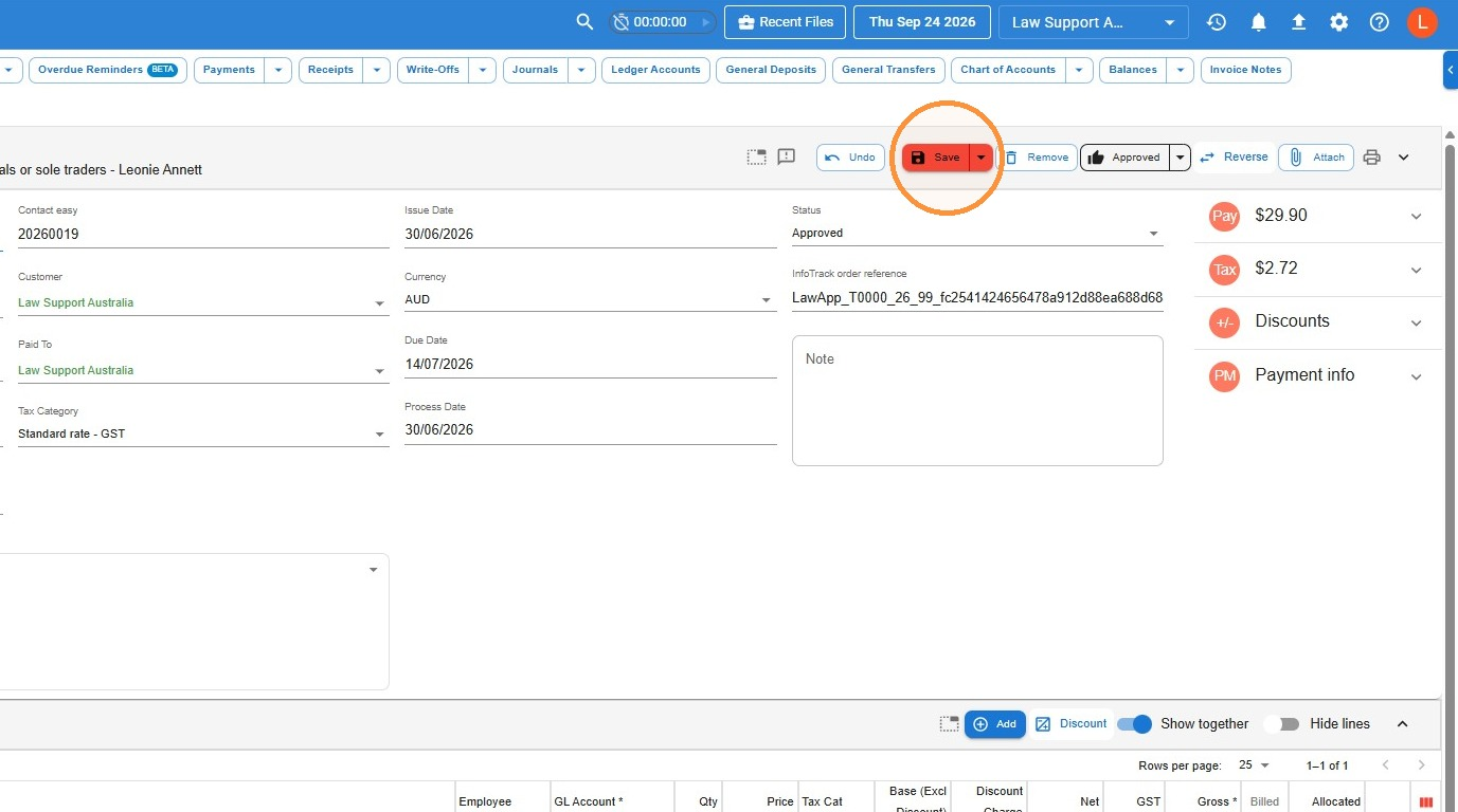 Supplier invoice toolbar with the red Save button highlighted