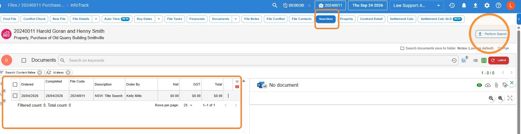 Searches screen on a Law App file, with the Searches tab and the Perform Search button highlighted and the list of existing searches for the file shown on the left